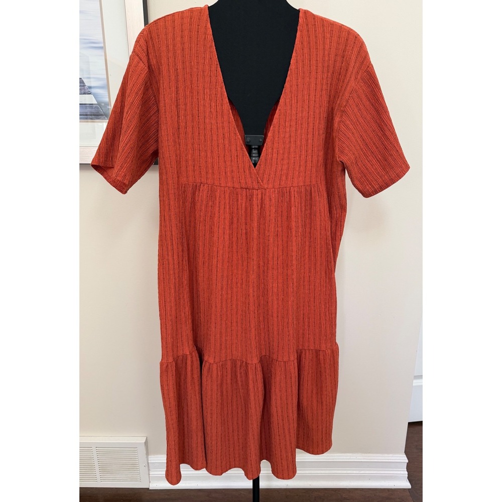 Zara Women Rust Orange Tiered V-Neck Midi Dress Short Sleeve Textured S Boho‎